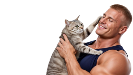 Photorealistic Portrait of Muscular Man and Cat Interaction png