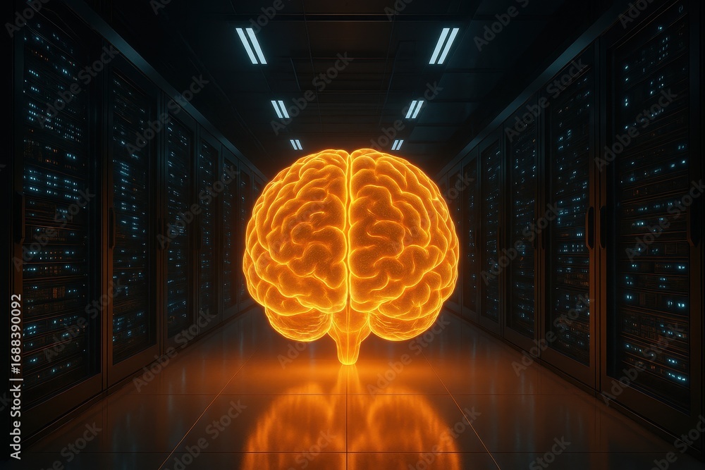 Aufkleber digital brain: a digital rendering showcases a glowing brain symbol set against a backdrop of server