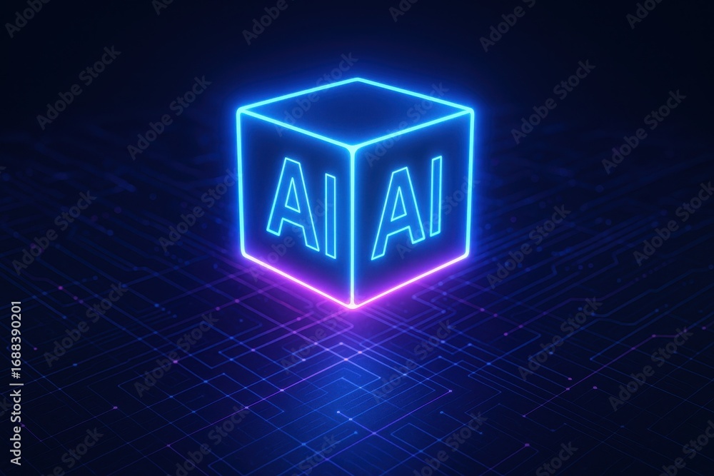 Aufkleber ai cube: capturing the essence of artificial intelligence, a neon cube illuminated with ai against a