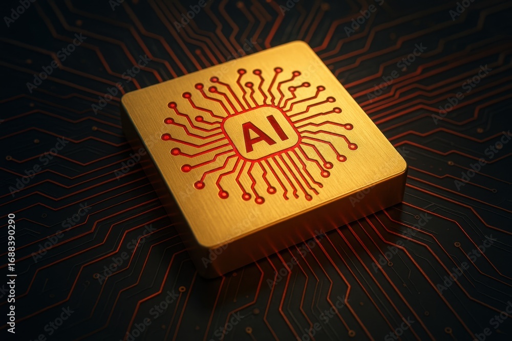 Poster golden ai chip: a detailed image showcases a glowing golden ai chip with intricate circuits, represe