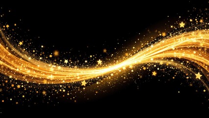 Fototapeta premium A shimmering golden wave with sparkling stars on a black background, creating a magical and festive atmosphere.