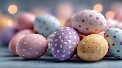 Obraz premium Pastel-colored speckled Easter eggs in a pile