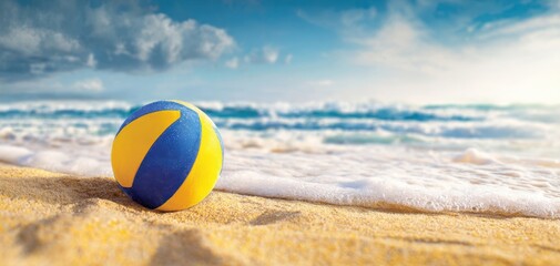 The colorful volleyball resting on sandy beach with crashing waves in the background.