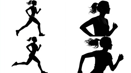 Fototapeta premium Silhouettes of running woman in different positions against a clean white background