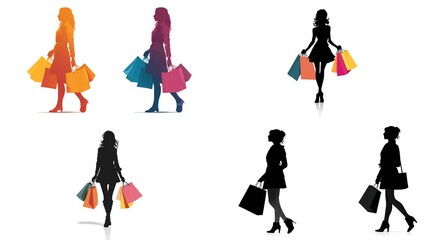 Fototapeta premium Silhouettes of women in various colors and styles, carrying shopping bags