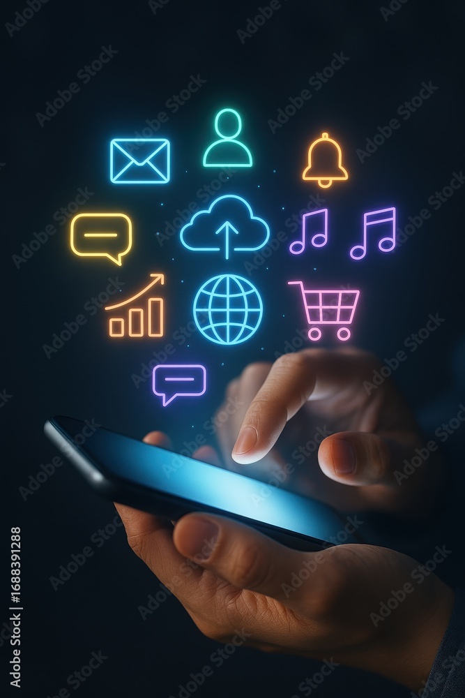 Aufkleber digital world at your fingertips: a person interacts with a smartphone, its screen illuminated with 