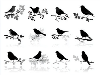 Obraz premium Twelve distinct black bird outlines with varying wing spans and body angles creating a lively visual., isolate on white background