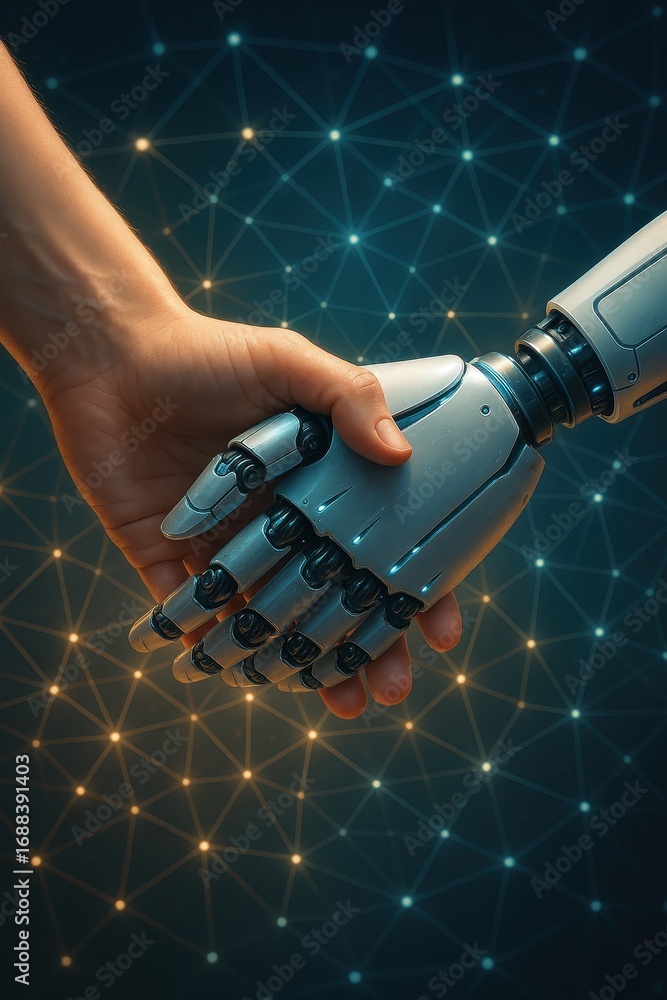 Aufkleber human and robot handshake: a compelling image of a human hand and a robotic hand clasped in a firm h