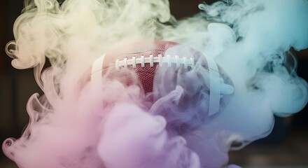 Football with Colorful Smoke Effect in Dark Setting for Sports and Recreation Photography