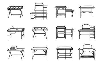 Cooking kitchen table cooler shelf portable rack camp compact vector icons icon