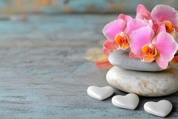 Fototapeta premium Serene Spa Still Life - Pink Orchids and Balanced Stones.
