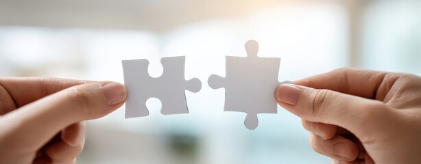 The Puzzle Pieces Being Connected by Two Hands Symbolizing Collaboration and Problem Solving