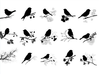 Obraz premium Twelve distinct black bird outlines with varying wing spans and body angles creating a lively visual., isolate on white background