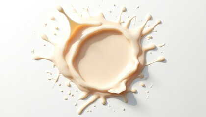 Top view of creamy white sun lotion splash and spill on white background. Smooth liquid with drips and drops creates abstract texture. Ideal for skincare, cosmetic product, or beverage advertising.