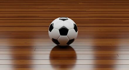 Classic black and white soccer ball on polished wooden court surface for sports and athletic themes