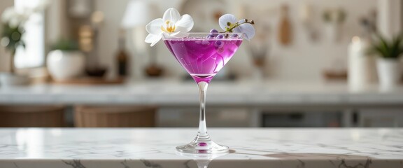 Stylish Butterfly Pea Drink Orchid Garnish on White Counter, Blurry White Background, Glamorous Photo