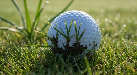 Close-up of a golf ball nestled in fresh green grass on a sunny golf course