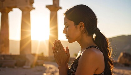 Woman Meditating at Sunrise Near Stone Columns for Wellness