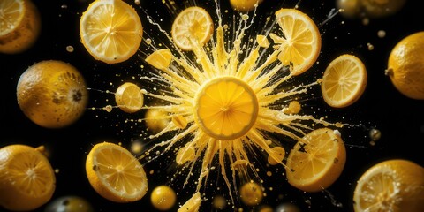  Realistic Lemons Exploding Lemon Slices Rendered in Hyper Realistic Detail Against a Pitch Black Background