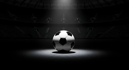 Dramatic Focus on Classic black and white soccer ball in dimly lit stadium