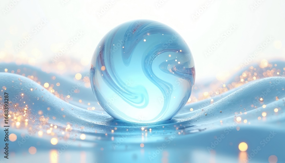Poster 3d rendered floating sphere with internal blue swirls sits on abstract blue wavy surface. luminous p
