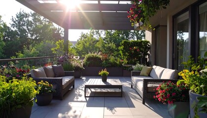 Obraz premium Sun-drenched balcony with patio furniture and lush landscaping
