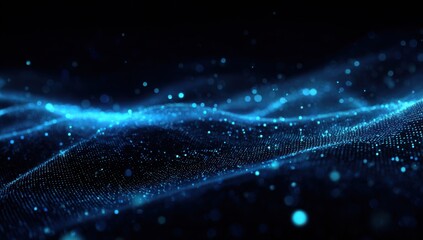 Abstract digital wave of glowing particles.  Dark background with a flowing, undulating pattern of light blue particles.  Small dots and glowing circles create a sense of depth and motion