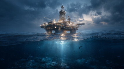 offshore oil rig stands majestically above ocean, illuminated by bright lights against dramatic sky. deep blue water reveals vibrant underwater world, creating striking contrast