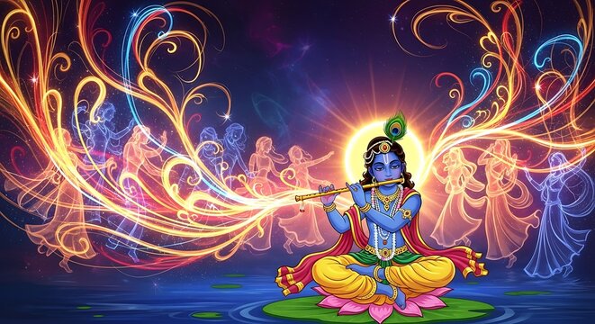 Vibrant Digital Illustration of Lord Krishna Playing Flute with Aura of Celestial Energy