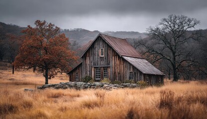Obraz premium Rustic wooden cabin in autumnal field under a stormy sky