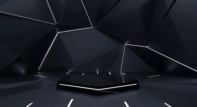 A sleek, futuristic black room with angular geometric shapes and glowing white lines on the floor, ideal for product displays, tech shows, or digital presentations, offering a modern, high-tech ambian