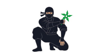 Crouching ninja in black suit holding a green shuriken weapon.