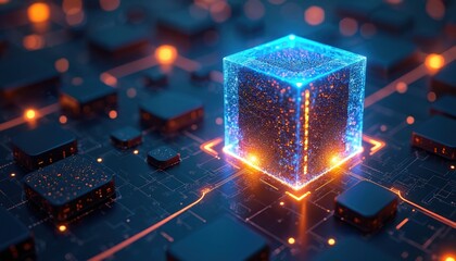 Futuristic glowing cube with interconnected blocks radiates neon light against sleek dark background. Digital abstract effect signifies data transfer, technological advancement, ideal for business