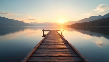 Fototapeta premium Wooden pier on calm lake at sunrise. Mountains and forest landscape in background. Tranquil water reflects sun light and sky. Peaceful morning scene ideal for travel and relaxation themes.