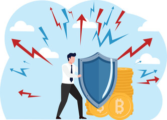 Wealth protection, investment asset allocation portfolio in volatility market or saving guard in financial and economic crisis, businessman expert with strong shield to protect money coins stack
