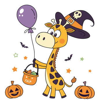 Naklejki Cheerful Giraffe with with a balloon, set in a charming Halloween theme – Spooky Fun color vector art