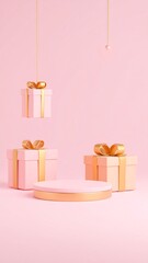 Pink gift boxes on pastel podium