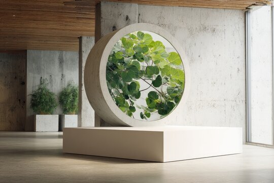 A circular, minimalist sculpture displays lush green foliage within its frame, sitting atop a white pedestal in a modern, concrete-and-wood interior