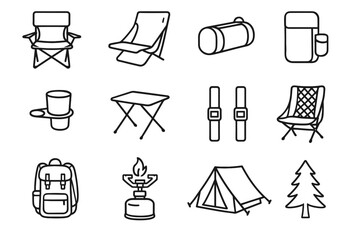 Folding vector camping recliner mesh icons icon adjustable frame gear travel pocket