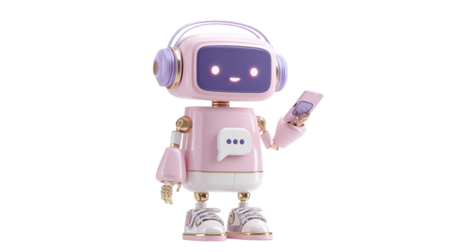 Pink Robot with Headphones Holding a Smartphone