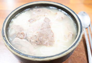 Traditional Korean Seolleongtang Soup with Beef and Noodles
