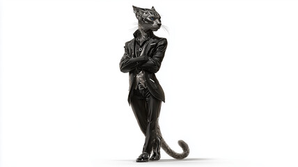 Black anthropomorphic cat statue with arms crossed isolated on white background