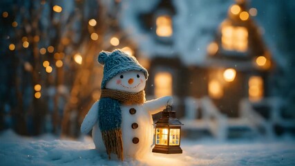 Cute snowman near a cottage holding a glowing candle lantern, snow gently falling around warm yellow lights in the distance - Powered by Adobe