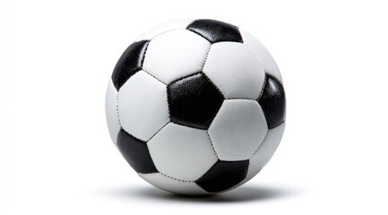 Fototapeta premium A classic black and white soccer ball, perfectly round, with a subtle shadow cast on a pure white background, showcasing its stitched leather panels