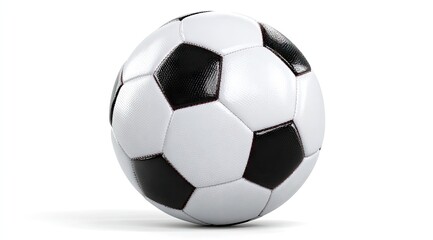 Fototapeta premium A classic black and white soccer ball, glossy and seemingly new, rests on a white background, casting a subtle shadow