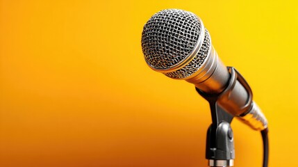 A studio microphone isolated on a bright yellow background, presented in a clean and minimalist product showcase.