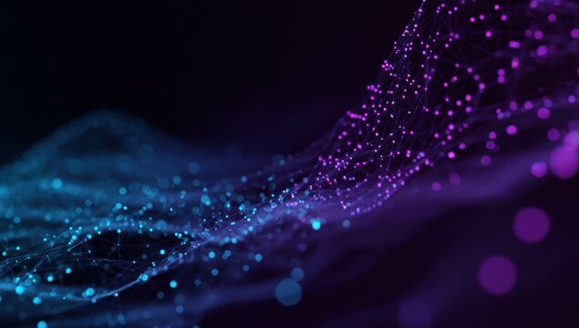 Abstract swirling network of interconnected points, in shades of purple and blue