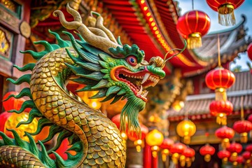Chinese Dragon Statue with Red Lanterns and Ornate Architecture in Background