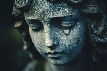 Close-up of a Grieving Stone Angel Statue with Moss and a Poignant Tear, Evoking Ancient Sorrow.