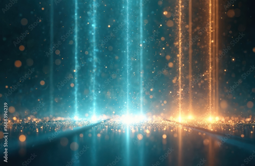 Poster abstract digital energy flows in vibrant blue, gold columns. particles shimmer, sparkle, creating fu